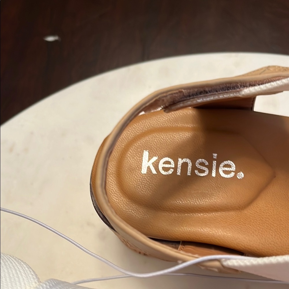 New Kenzie White and Tan Women's Cork Wedge Sandals - Picture 2 of 4